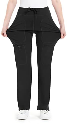 Yoga Scrub Pants Women Mid Rise Yoga Work Pants- Five - Black